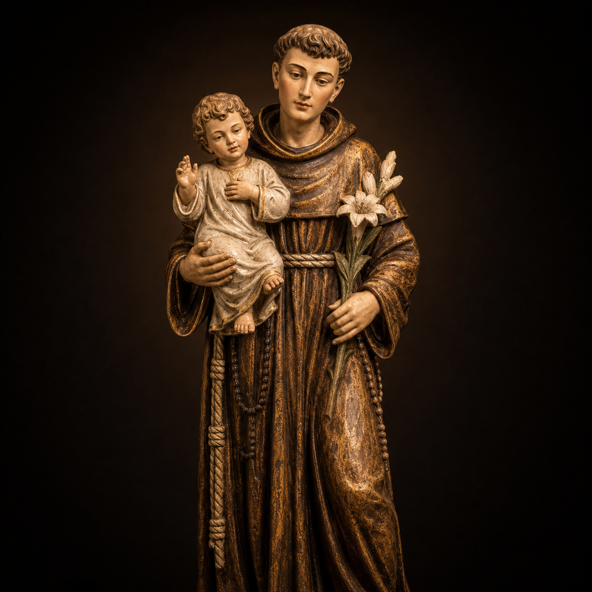 Imagen religiosa de San Antonio de Padua, fraile franciscano con hábito café cargando al Niño Jesús y un lirio blanco.