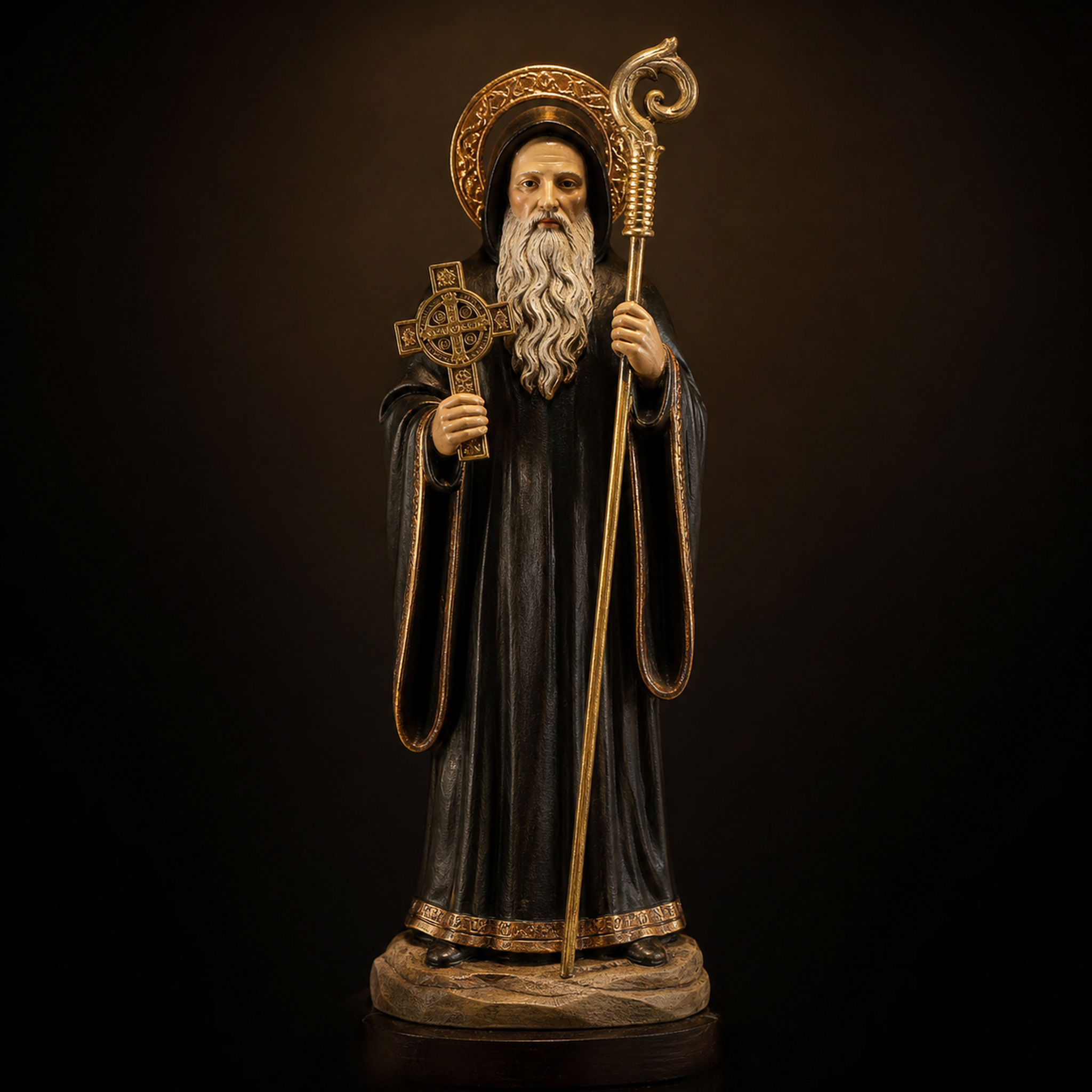 Pintura o escultura religiosa de San Benito de Abad, monje con hábito negro, báculo de abad y un cuervo a su lado.