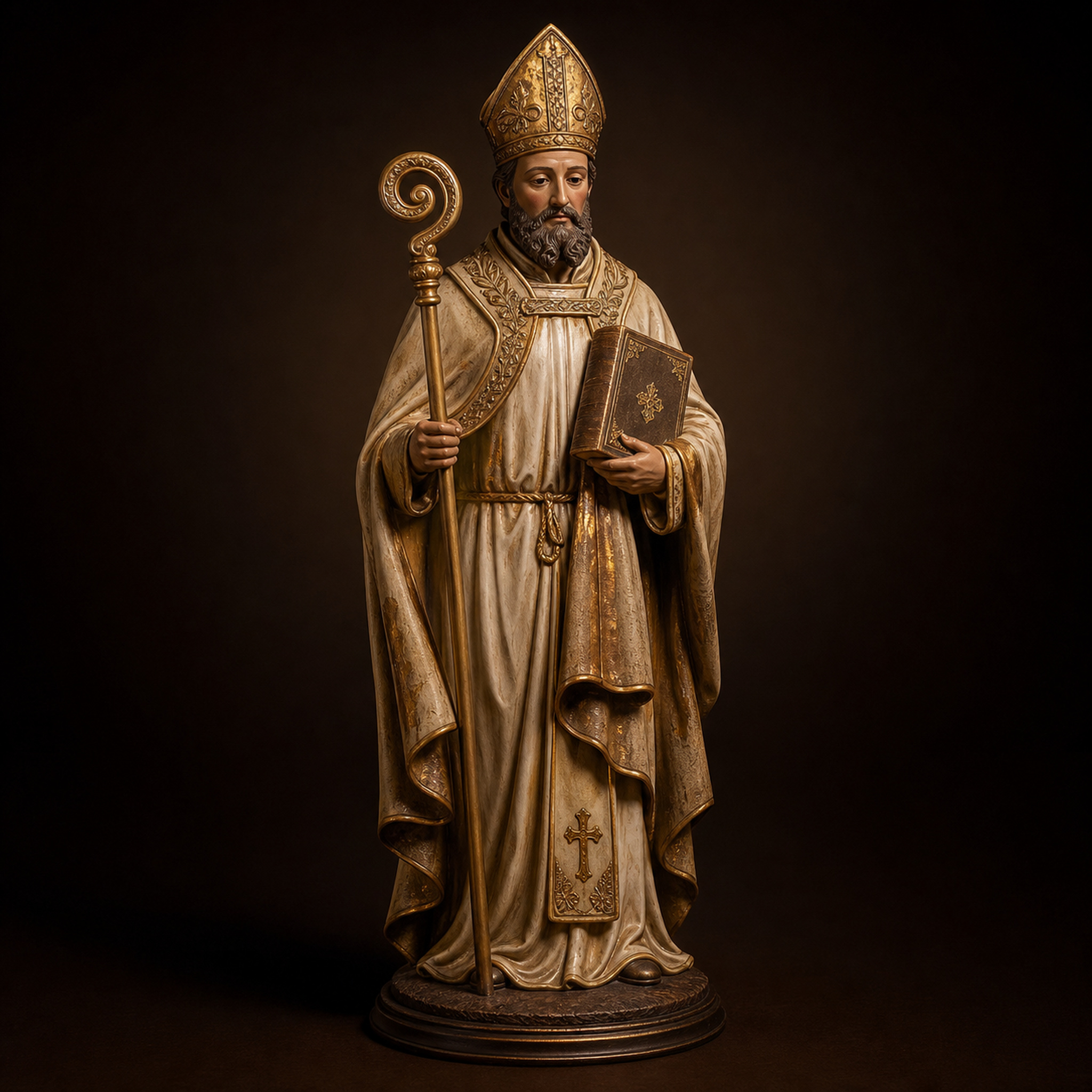 Imagen religiosa de San Cipriano de Antioquía, representado con vestiduras de obispo y un libro.