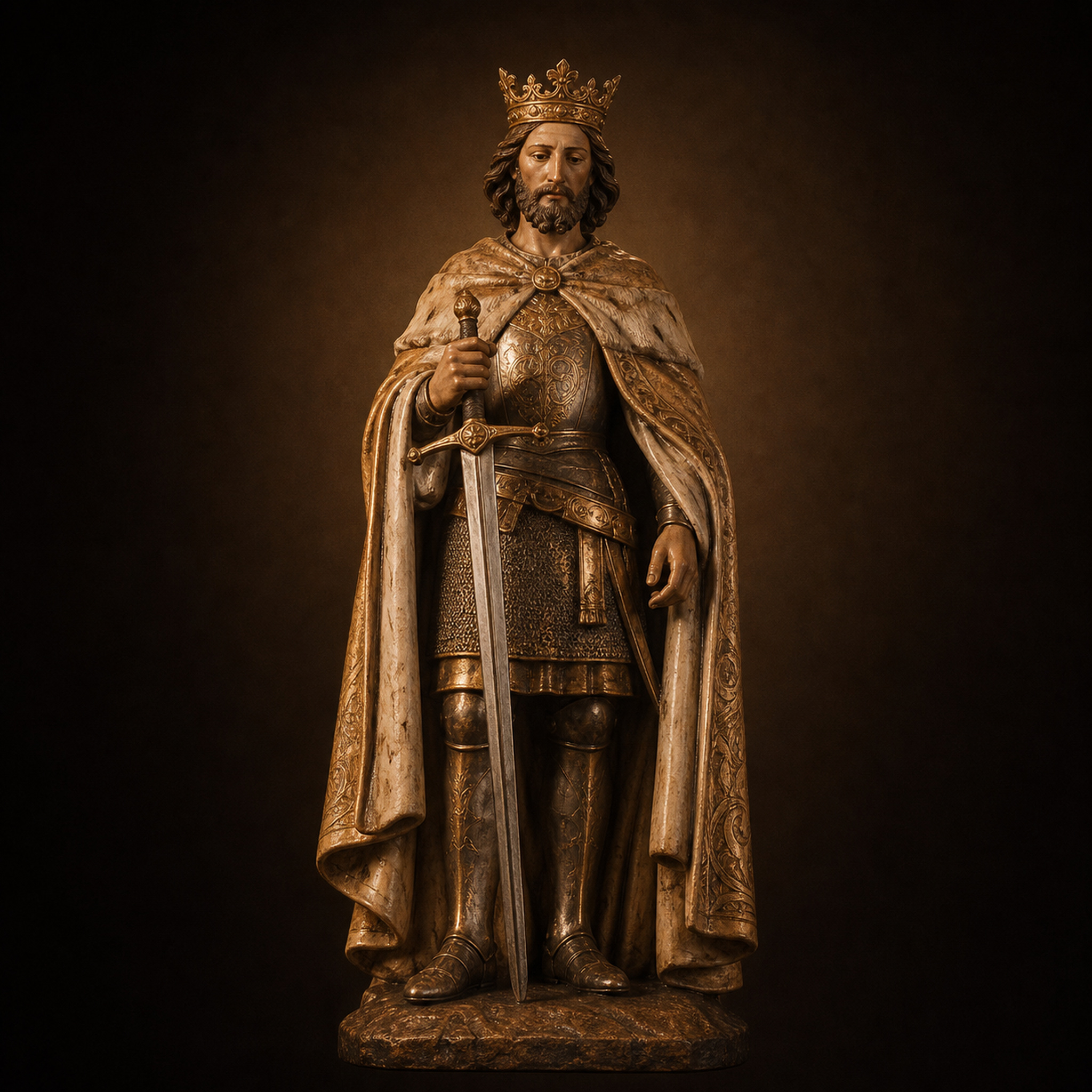 Imagen religiosa de San Fernando Rey, con corona, manto real y espada.