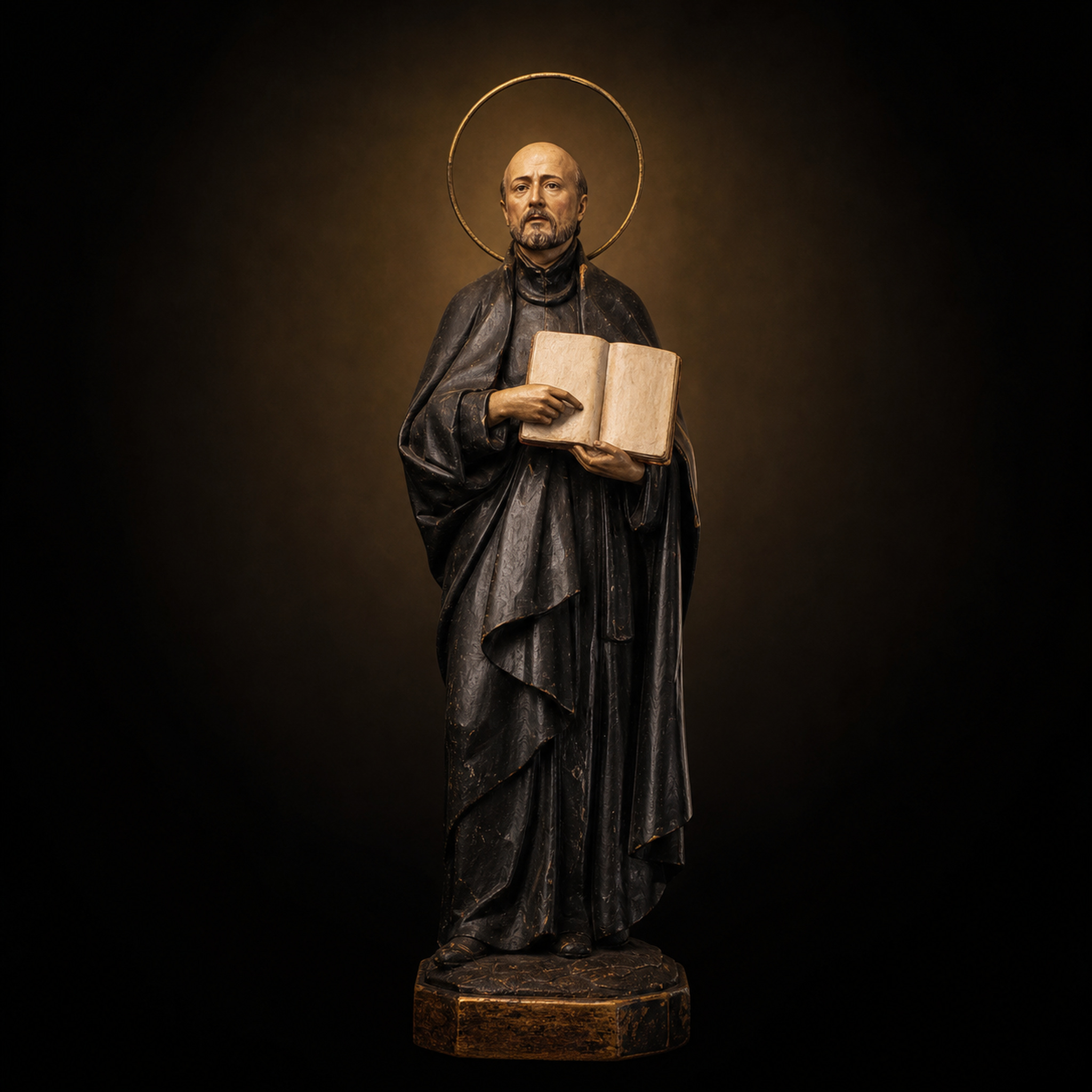 Retrato religioso de San Ignacio de Loyola, sacerdote con sotana negra sosteniendo un libro.