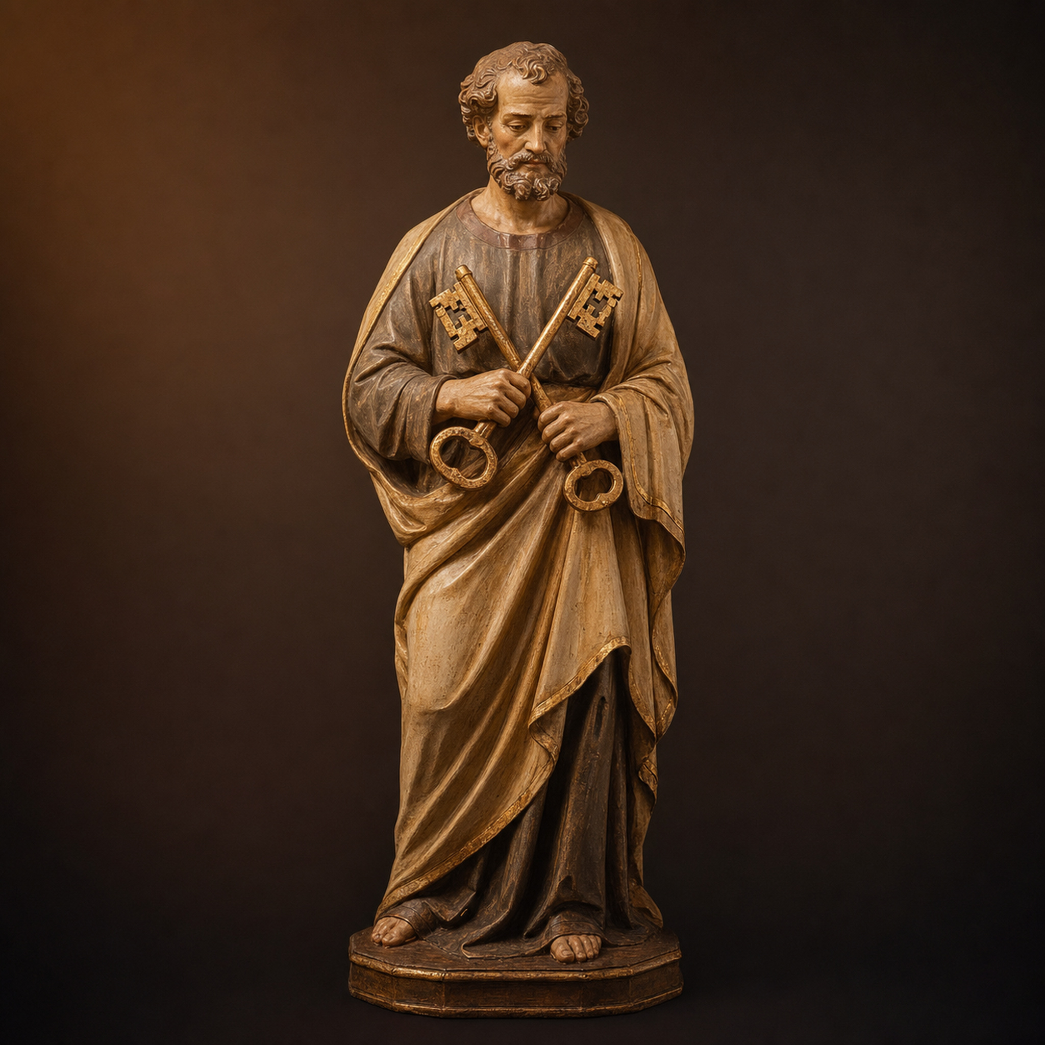 Imagen religiosa de San Pedro Apóstol, hombre de barba blanca sosteniendo un par de llaves.
