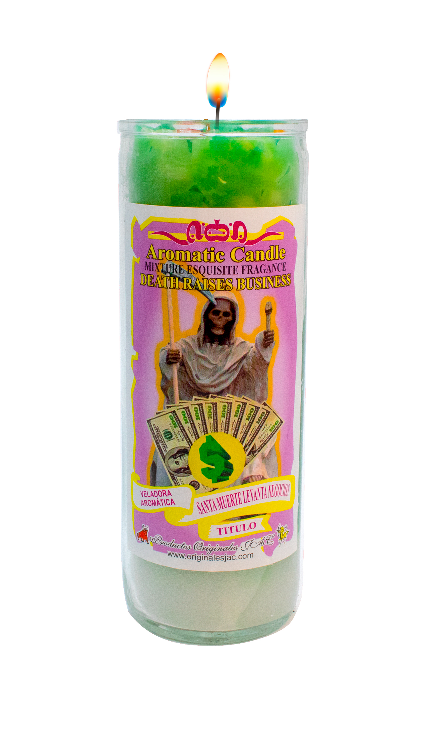 SANTÍSIMA MUERTE LEVANTA NEGOCIOS – Veladora Titulo